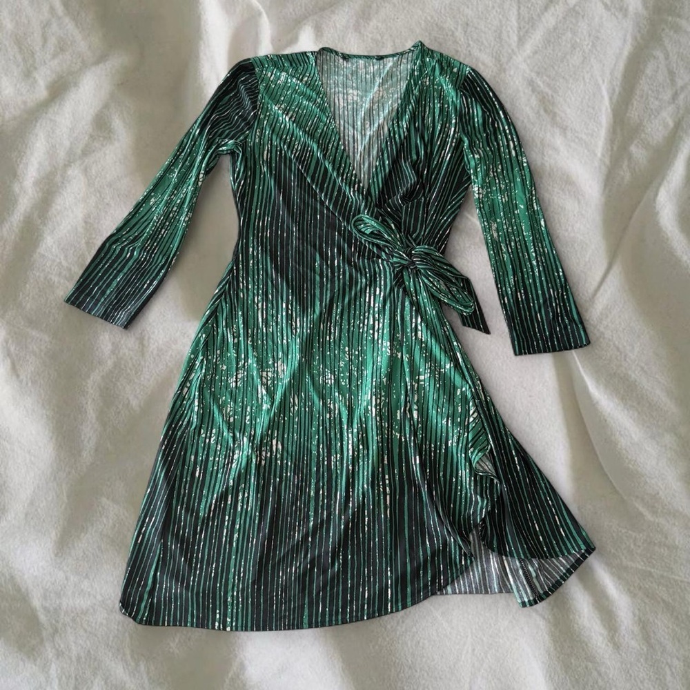 Green Striped Wrap Dress